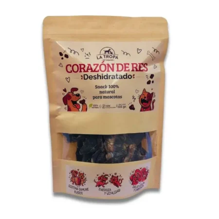 Corazón de Res Deshidratado La Tropa Pet Snacks, bolsa de 115g de premios 100% naturales para perros y gatos
