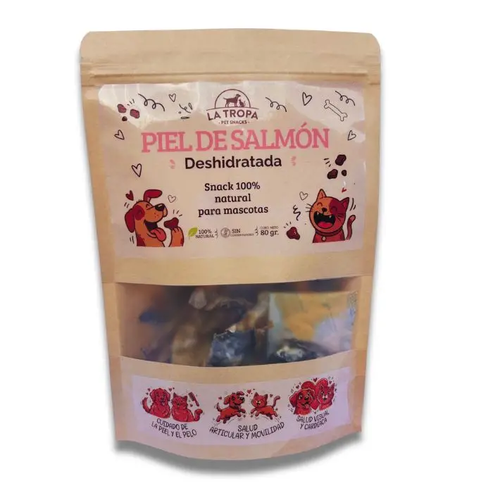 Bolsa de Piel de Salmón Deshidratada La Tropa Pet Snacks, 100% natural para mascotas, 80 g