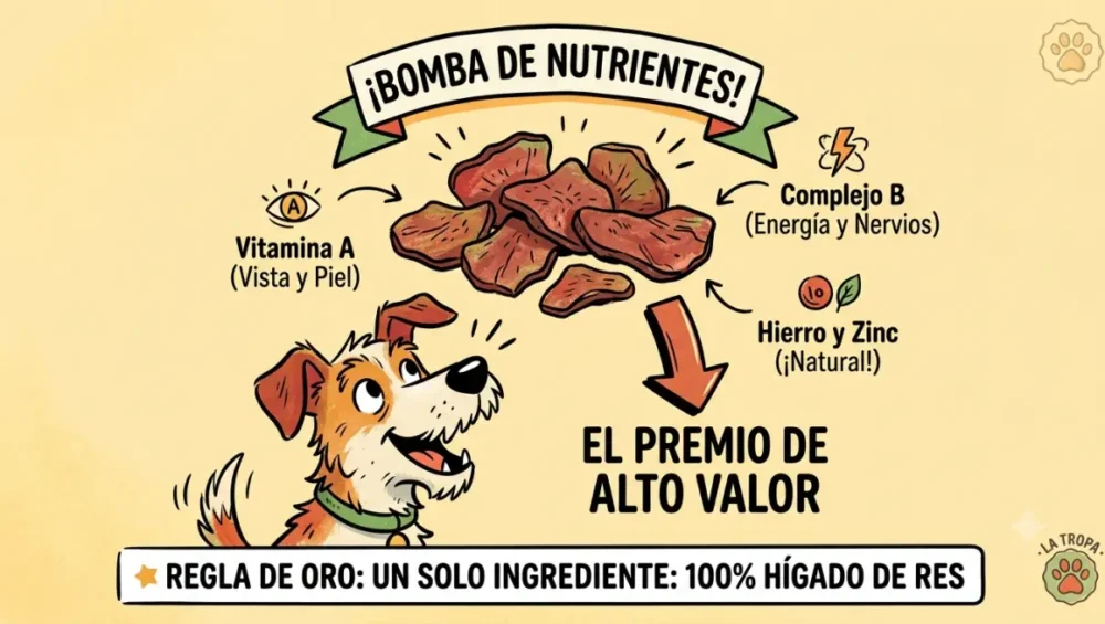 Bomba de nutrientes: premios 100% hígado de res con vitamina A, complejo B, hierro y zinc. Regla de oro: un solo ingrediente