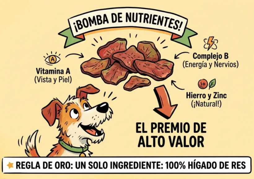 Bomba de nutrientes: premios 100% hígado de res con vitamina A, complejo B, hierro y zinc. Regla de oro: un solo ingrediente